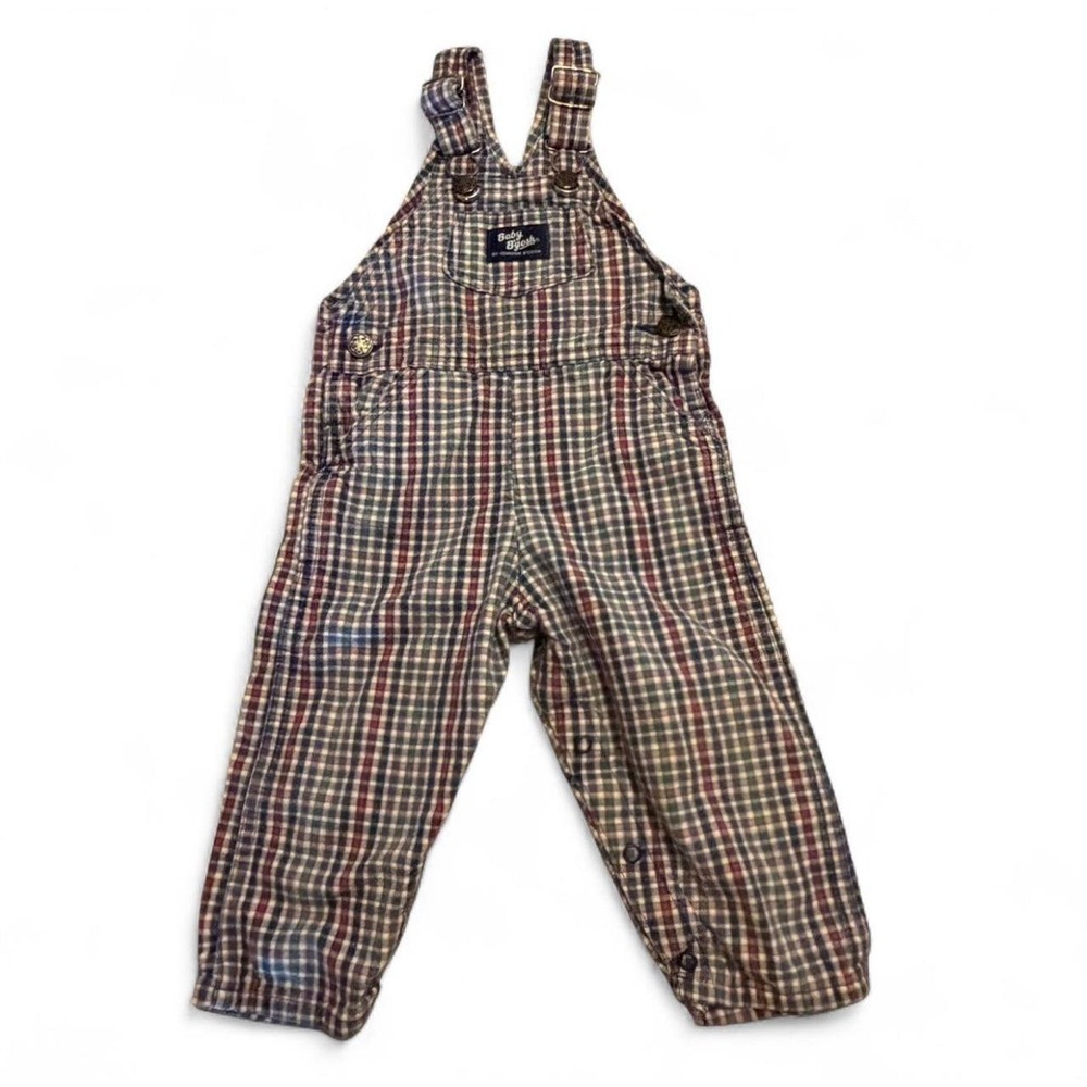 Vintage Baby B'gosh Plaid Overalls 18M Red Blue Green Cotton Romper